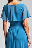 Blue Long Chiffon Mother of the Bride Dress with Short Sleeves
